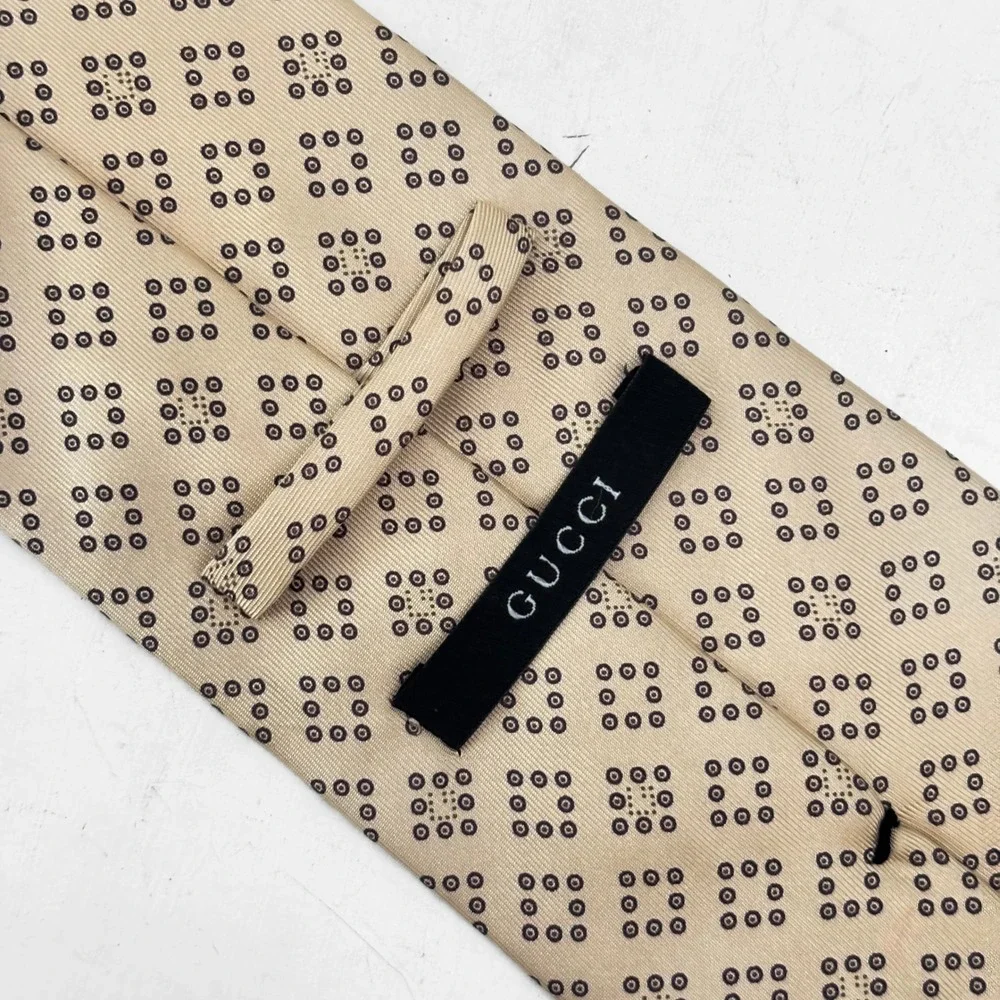 VTG 90s Gucci Mens Silk Tie Tan Brown Geometric Medallion Made in Italy
